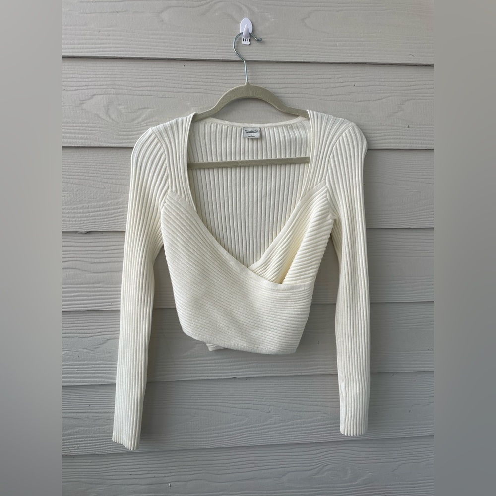 Abercrombie & Fitch Ivory Ribbed Wrap-Style Top